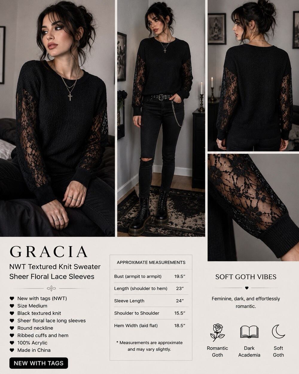 NWT Gracia Black Lace Sleeve Sweater Women’s Medium Textured Knit Pullover Top